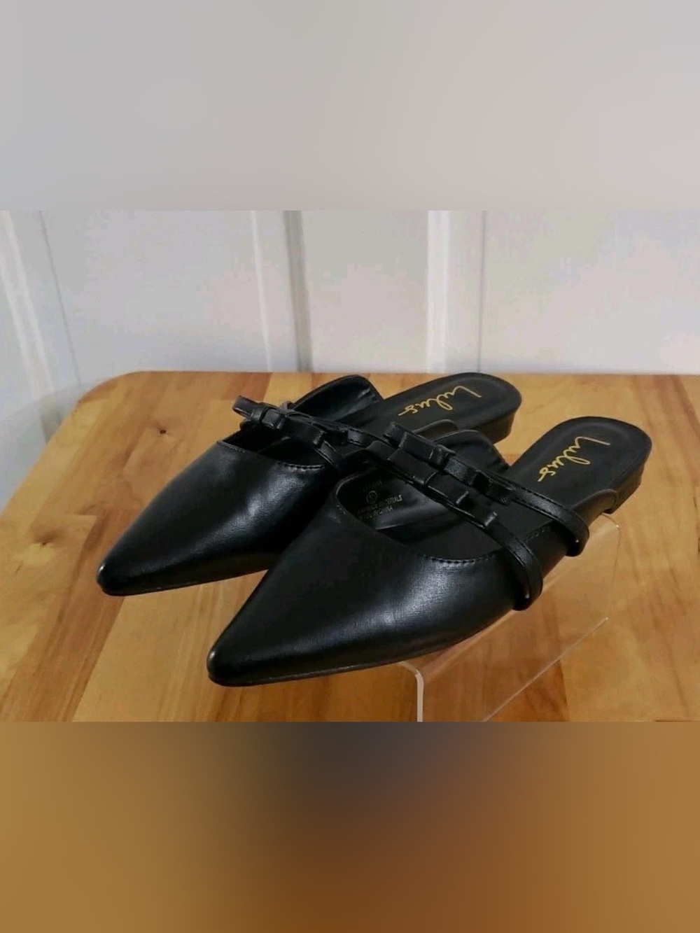 Lulu's Black Pointed Leather Mules with Braided Strap